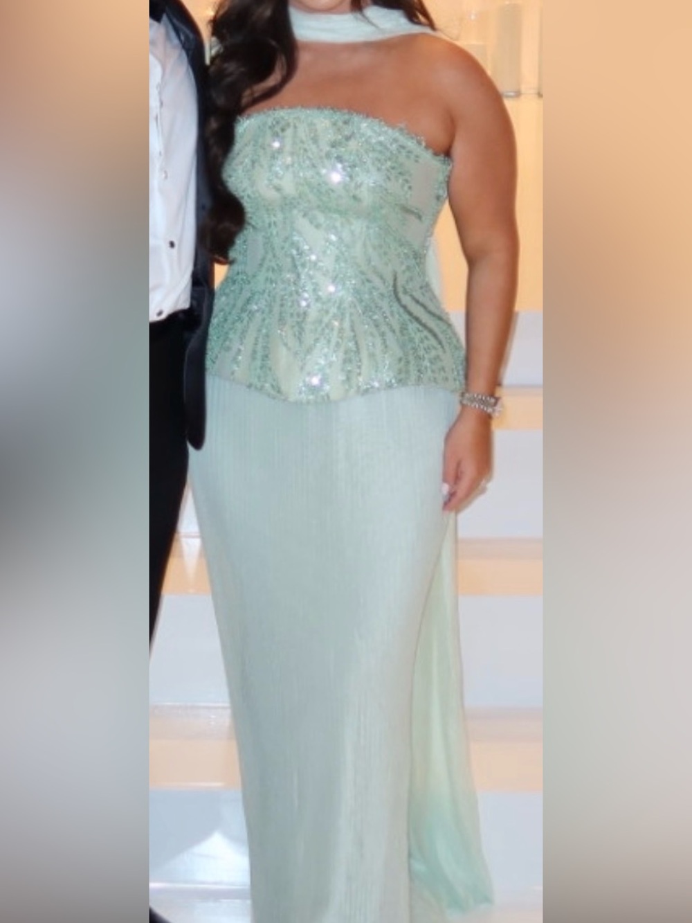 Custom Strapless Sequin Embellished Mint Evening Gown